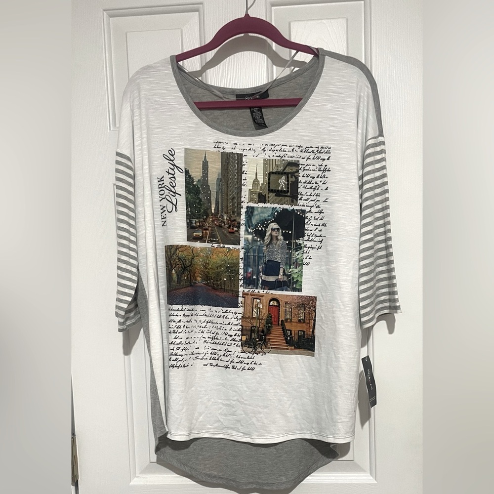 Style & Co. Women 3/4 sleeve long “!NEY YORK/ lifestyle”  diamond Top Size L
